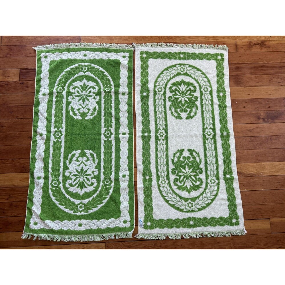 Vintage Fieldcrest Green Floral 2 Towels Set 100% Cotton USA Terry Fringe